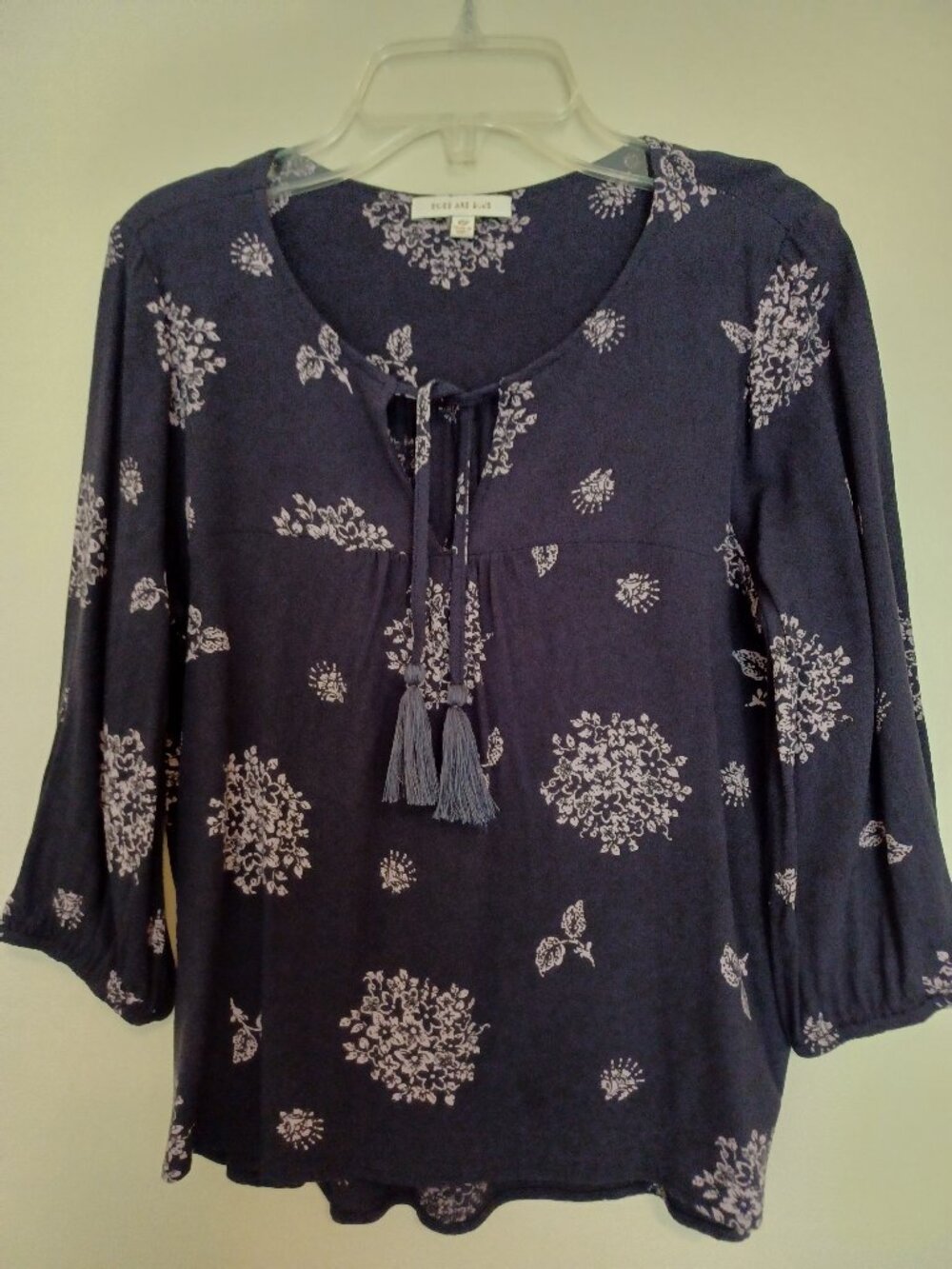 Skies Are Blue Blouse with Tassel‎ Tie Neck 3/4 Sleeve Top Size XSP